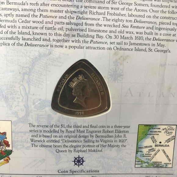 Bermuda 1998 Navigation Map 1 Dollar Triangular Coin 10/10 Sealed Uncirculated - Picture 4 of 4